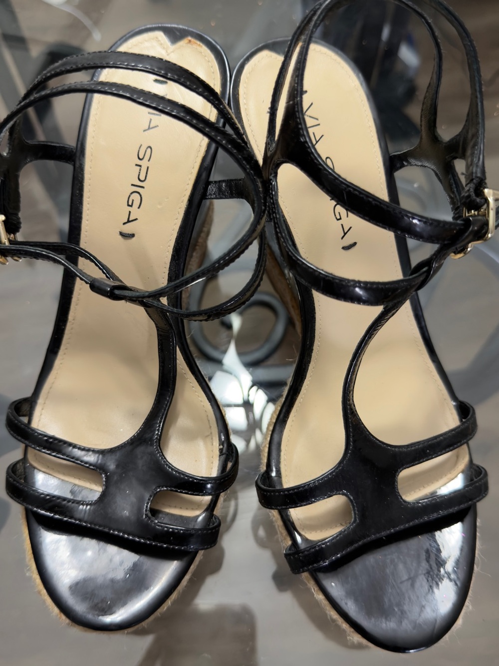 Via Spiga Black Patent Leather Caged Espadrille Wedge Sandals 8
